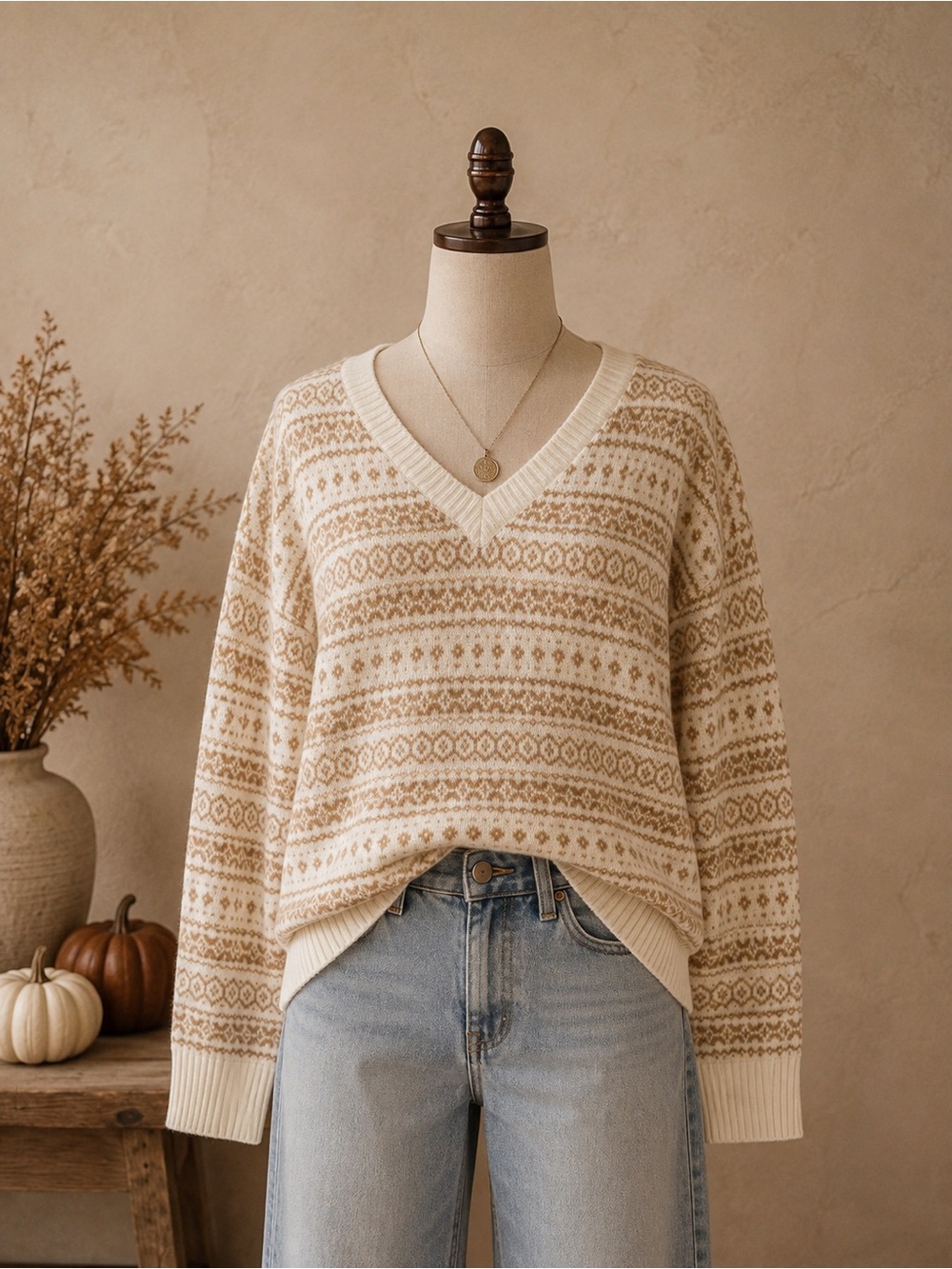 American Eagle Fair Isle Cropped Sweater Size Large Cream Tan Cozy
